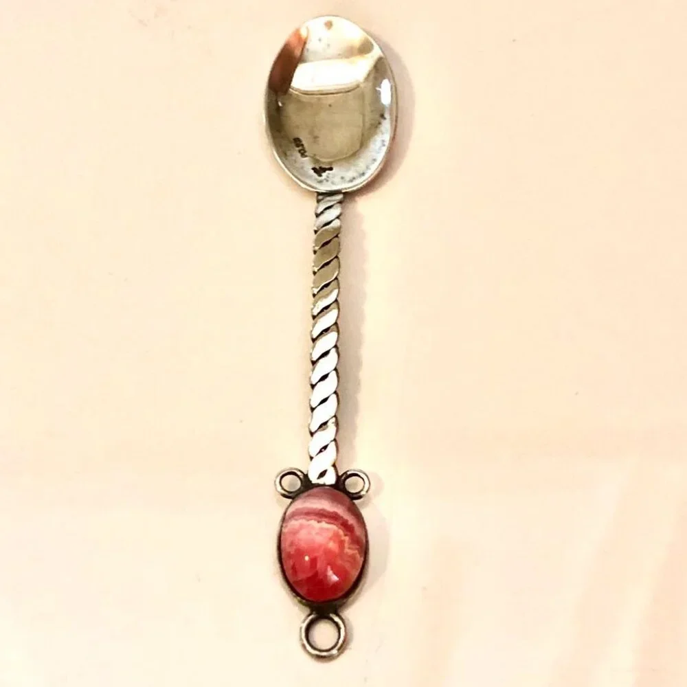 Antique Argentina Handcrafted Silver Demitasse Spoon Pink Rhodochrosite Crystal